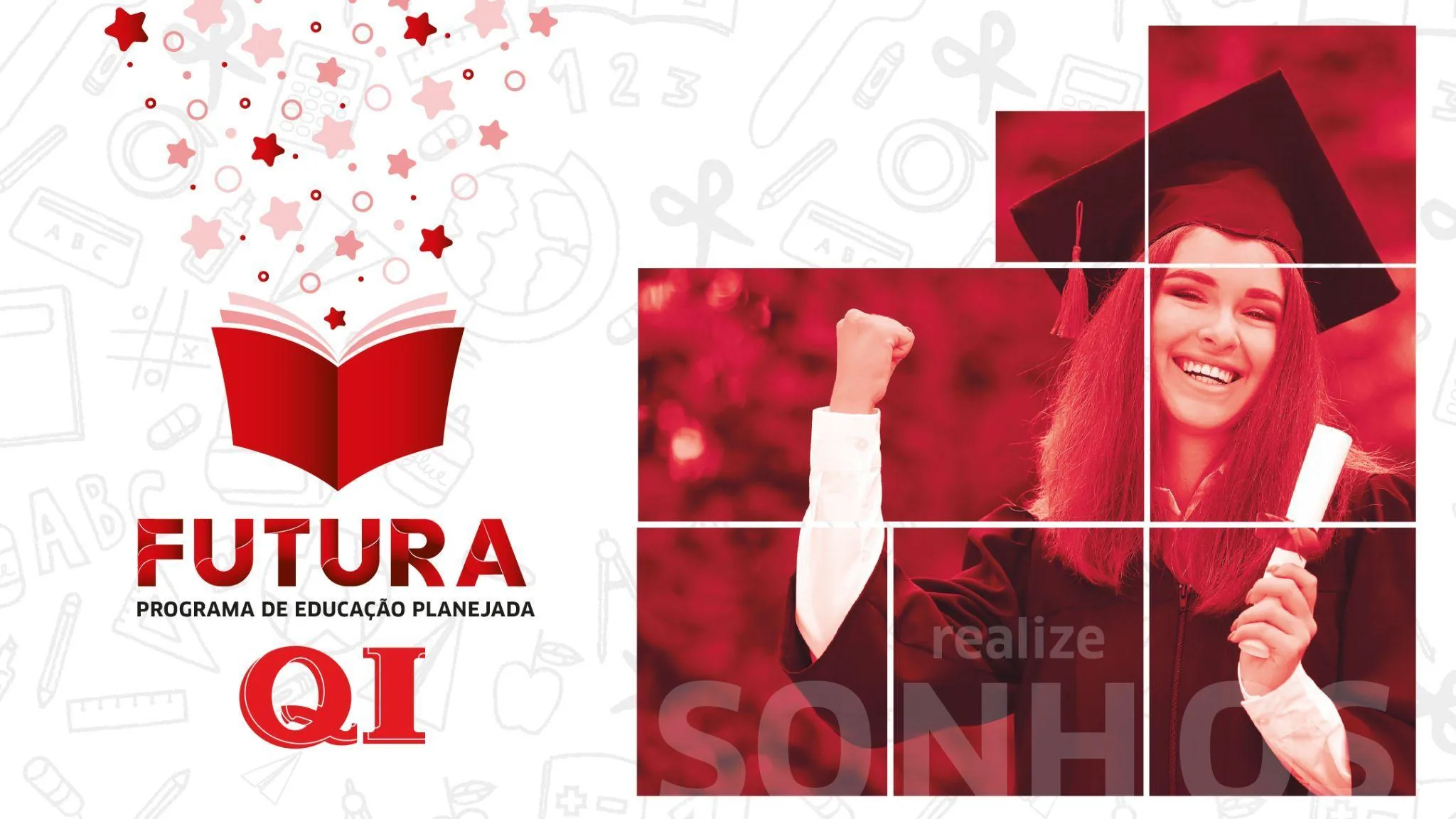 Marca do programa QI Futura, programa de educação planejada da QI, com formandas comemorando a graduação